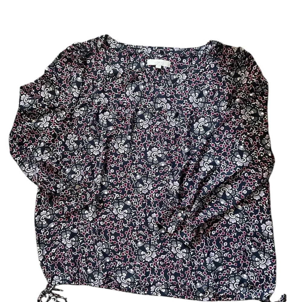 LOFT Floral Blouse XXL Black Pink Long Sleeve Boho Button Tab - Picture 7 of 7